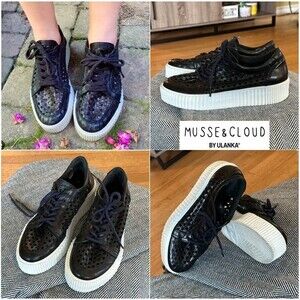 MUSSE & CLOUD Black Cacey Woven Perforated Leather Flatform Creeper Sneakers 9